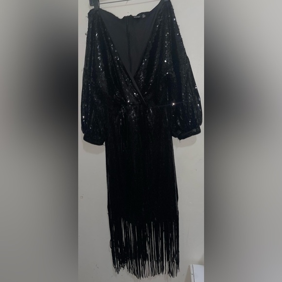 Boohoo Plus Size Sequin Faux Wrap Fringe Long Sleeve Boho MIDI - Picture 10 of 14